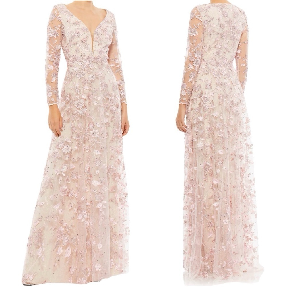 Mac Duggal floral applique illusion gown